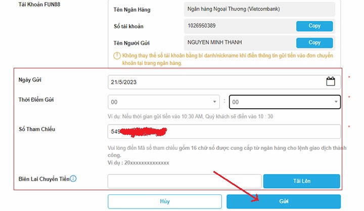Nhập thời gian, số tham chiếu, biên lại chuyển khoản.