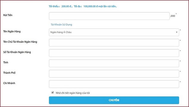 Nhập thông tin rút tiền fun88