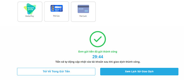Thông báo lệnh gửi tiền thành công